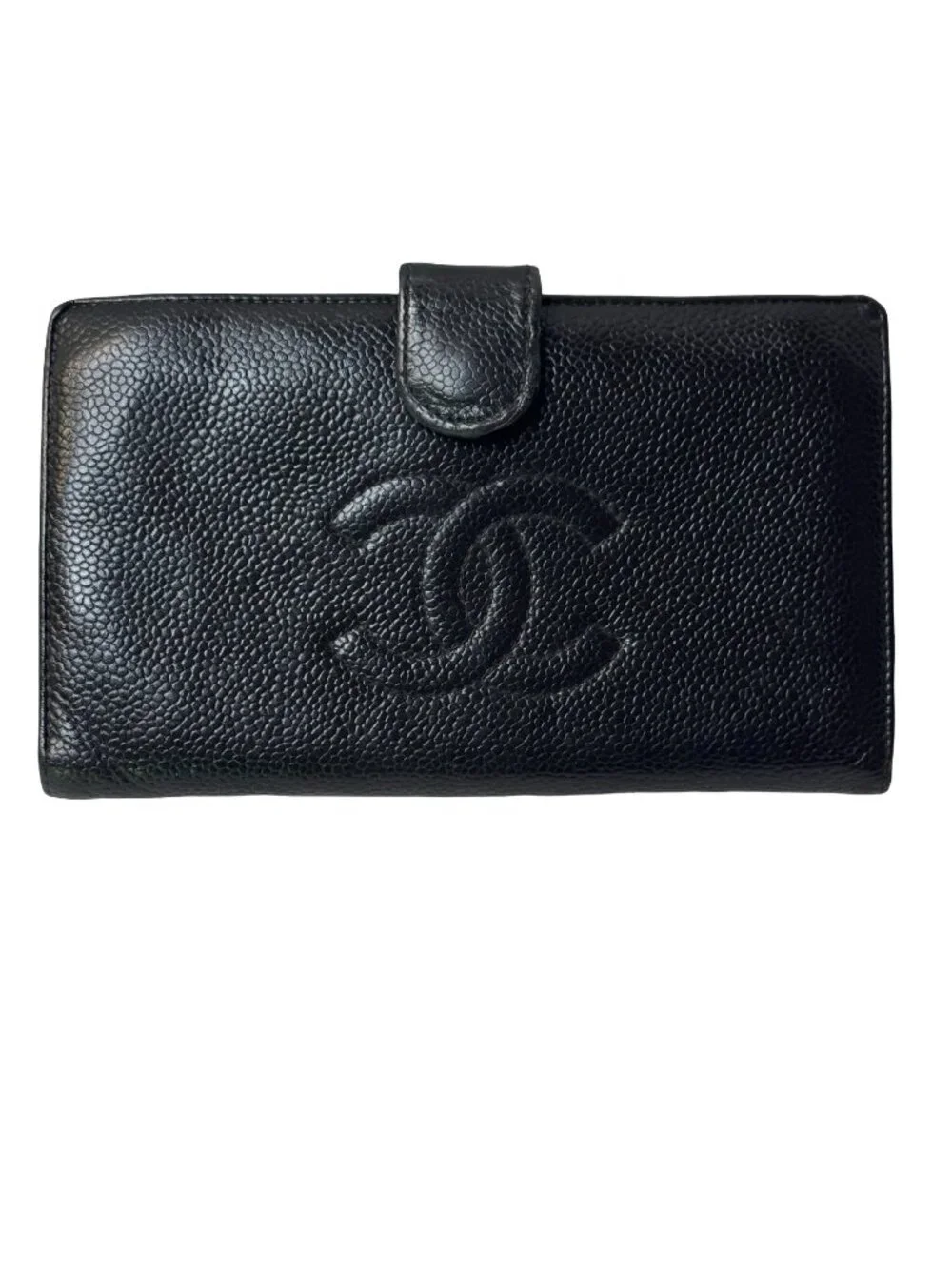 Chanel Vintage Timeless CC Caviar Leather Long Wallet Black Kisslock